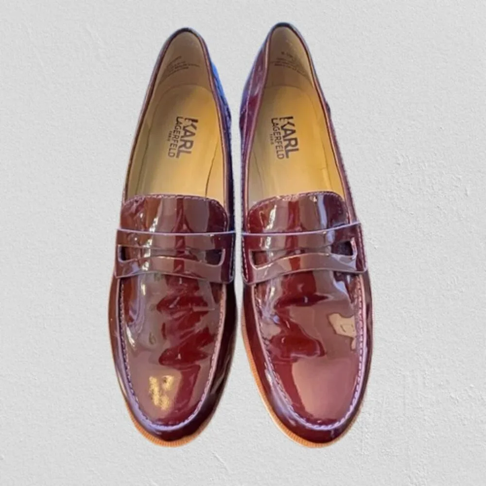 Karl Lagerfeld Patent Leather Oxford Lug Sole Loafers Burgundy 6.5M - Picture 2 of 8